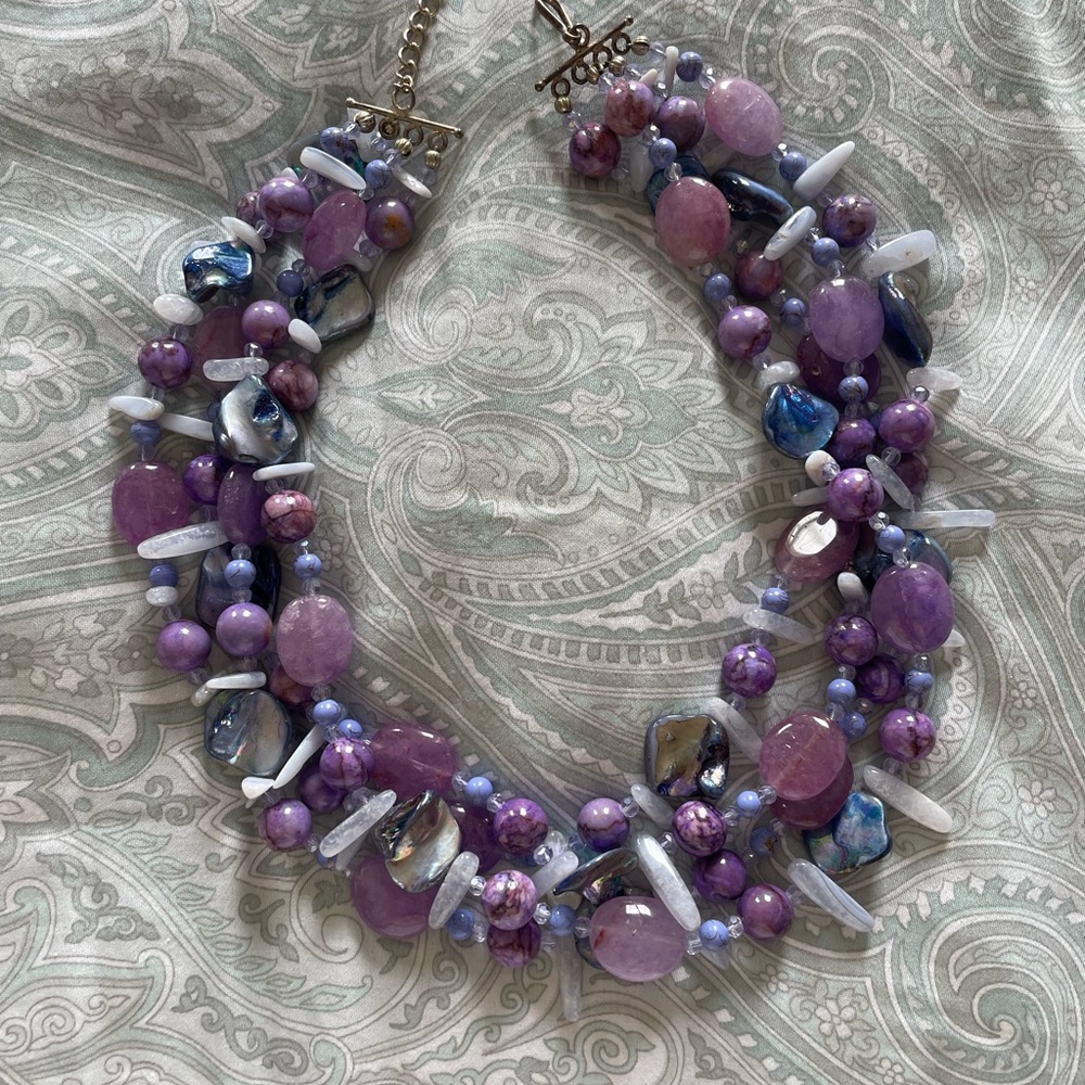Elegant Purple and Blue Beaded Necklace w/ Bali Silver Clasp
